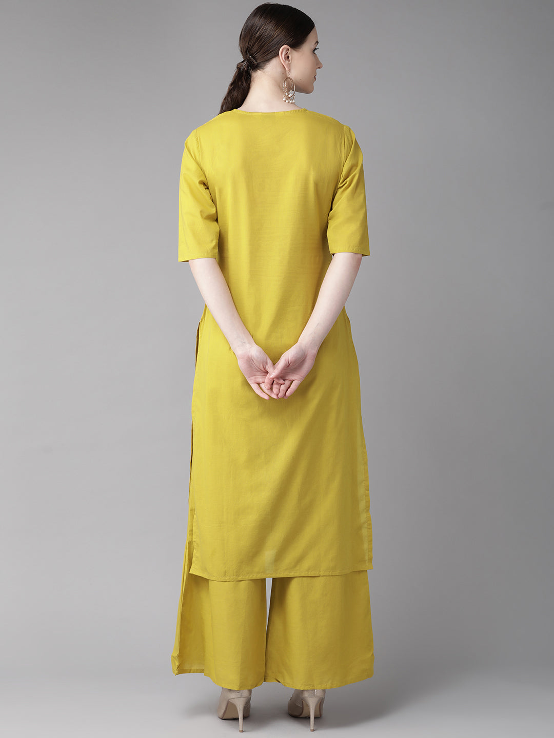 Bhama Couture Women Mustard Yellow & Off-White Block Printed Kurta with Palazzos