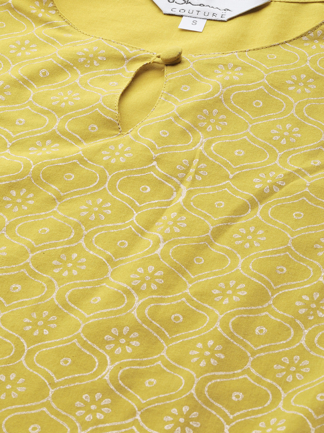 Bhama Couture Women Mustard Yellow & Off-White Block Printed Kurta with Palazzos