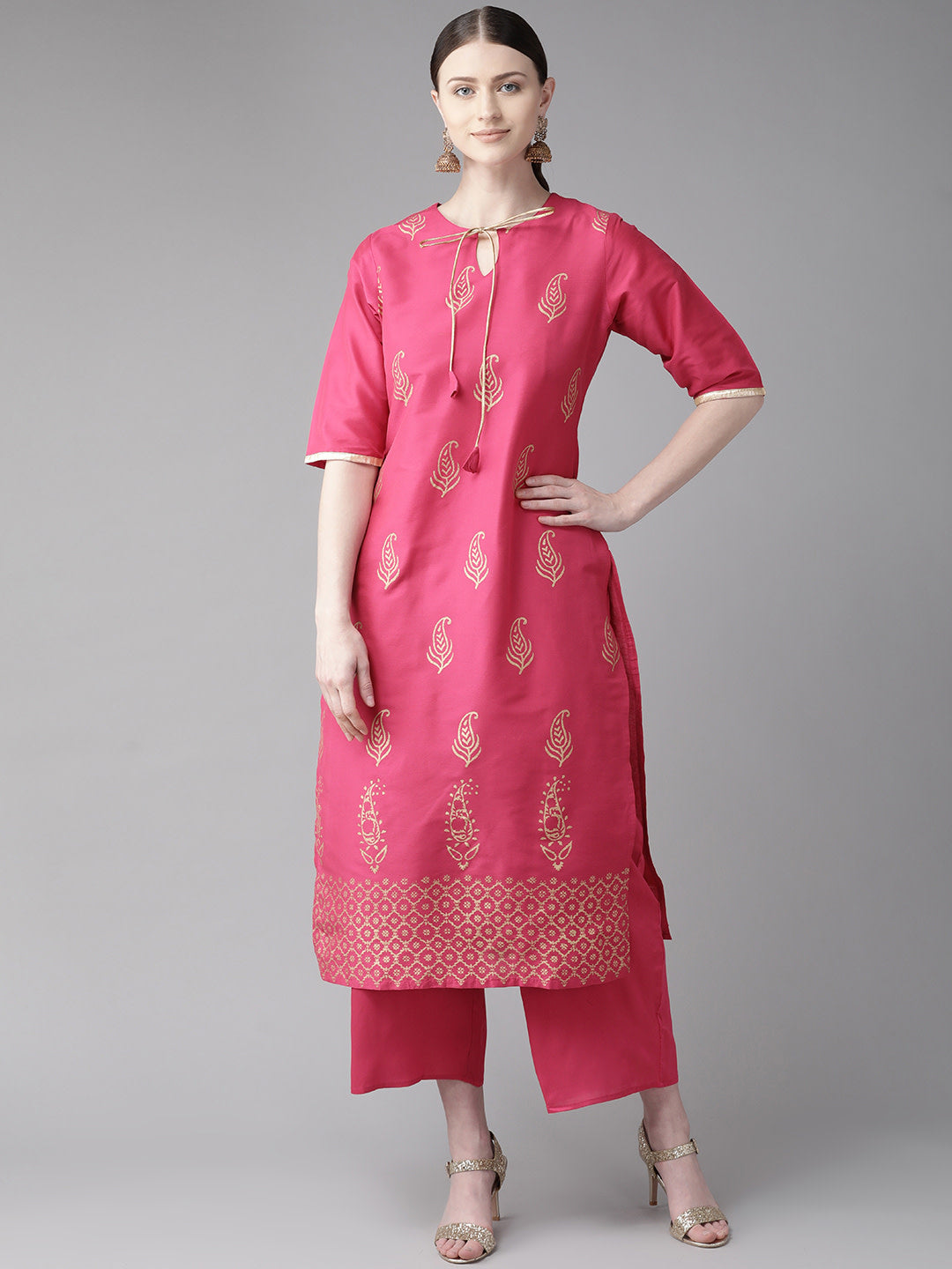 Pink And Golden Block Print Kurta With Palazzos