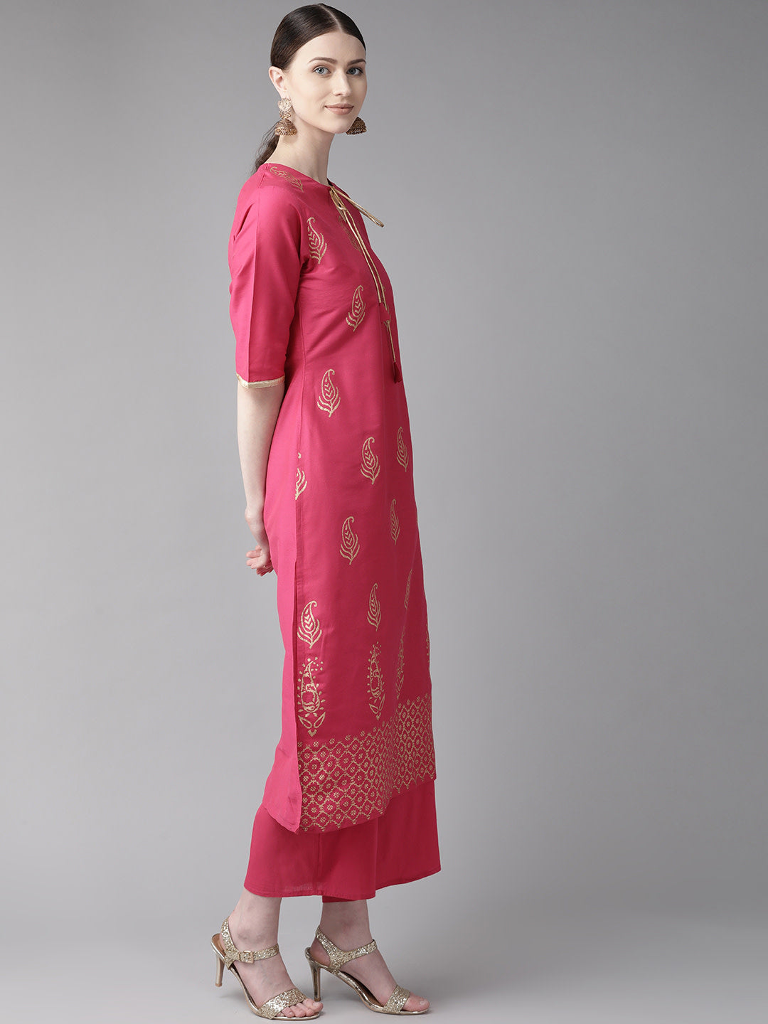 Pink And Golden Block Print Kurta With Palazzos