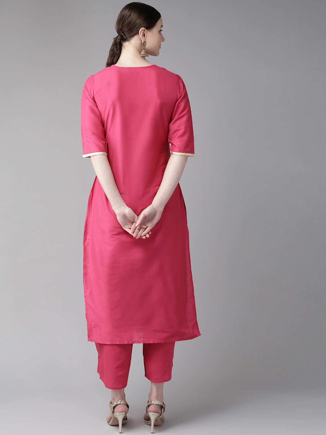 Pink And Golden Block Print Kurta With Palazzos