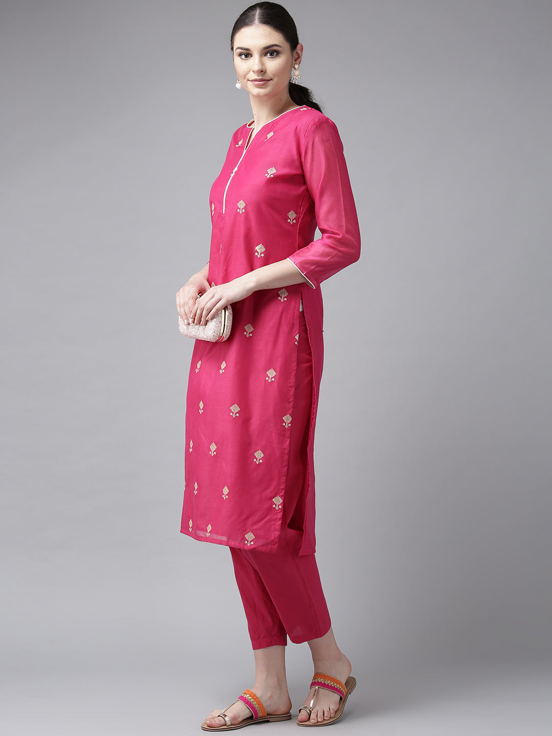 Bhama Couture Women Pink & Cream-Coloured Embroidered Kurta with Trousers