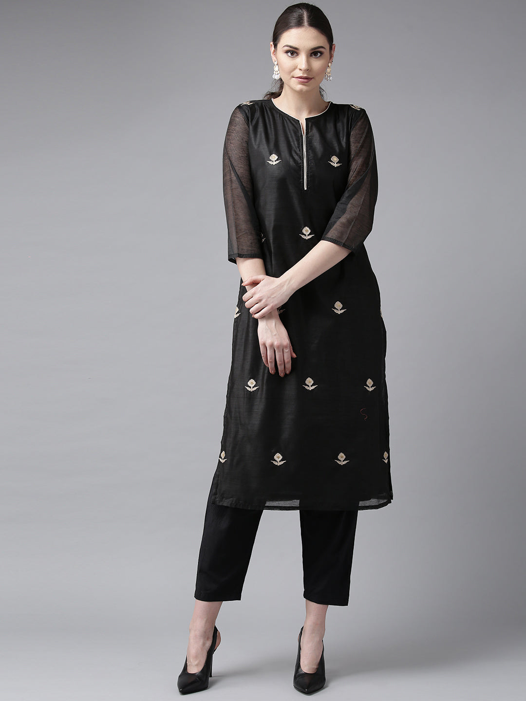 Bhama Couture Women Black Embroidered Regular Kurta with Trousers