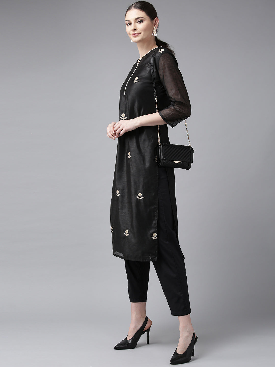 Bhama Couture Women Black Embroidered Regular Kurta with Trousers