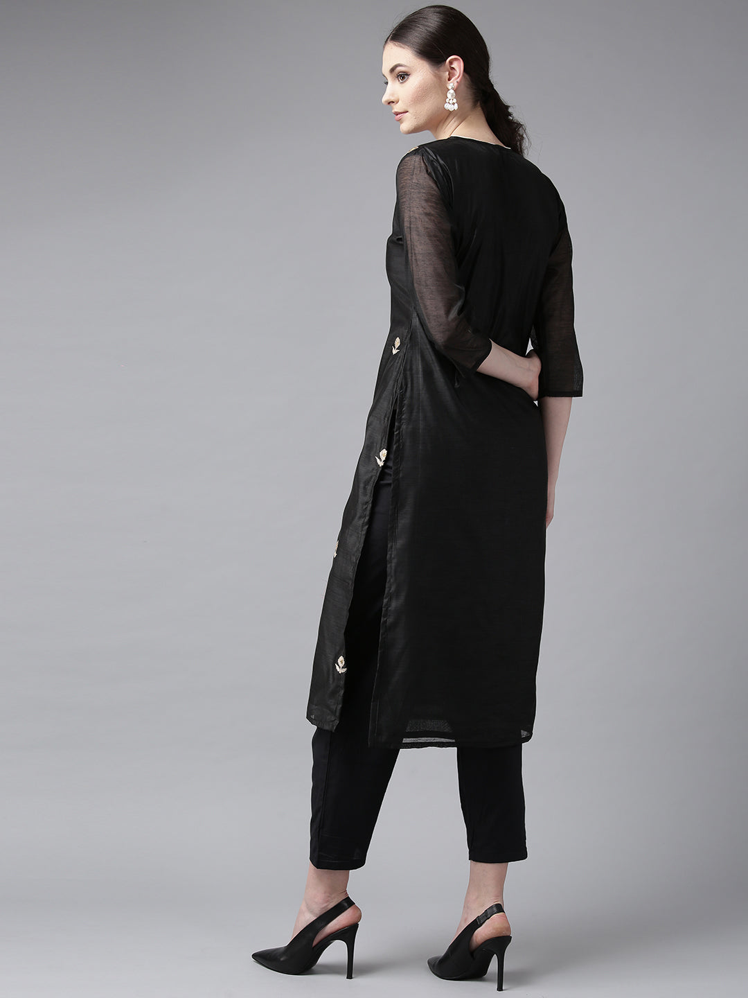 Bhama Couture Women Black Embroidered Regular Kurta with Trousers