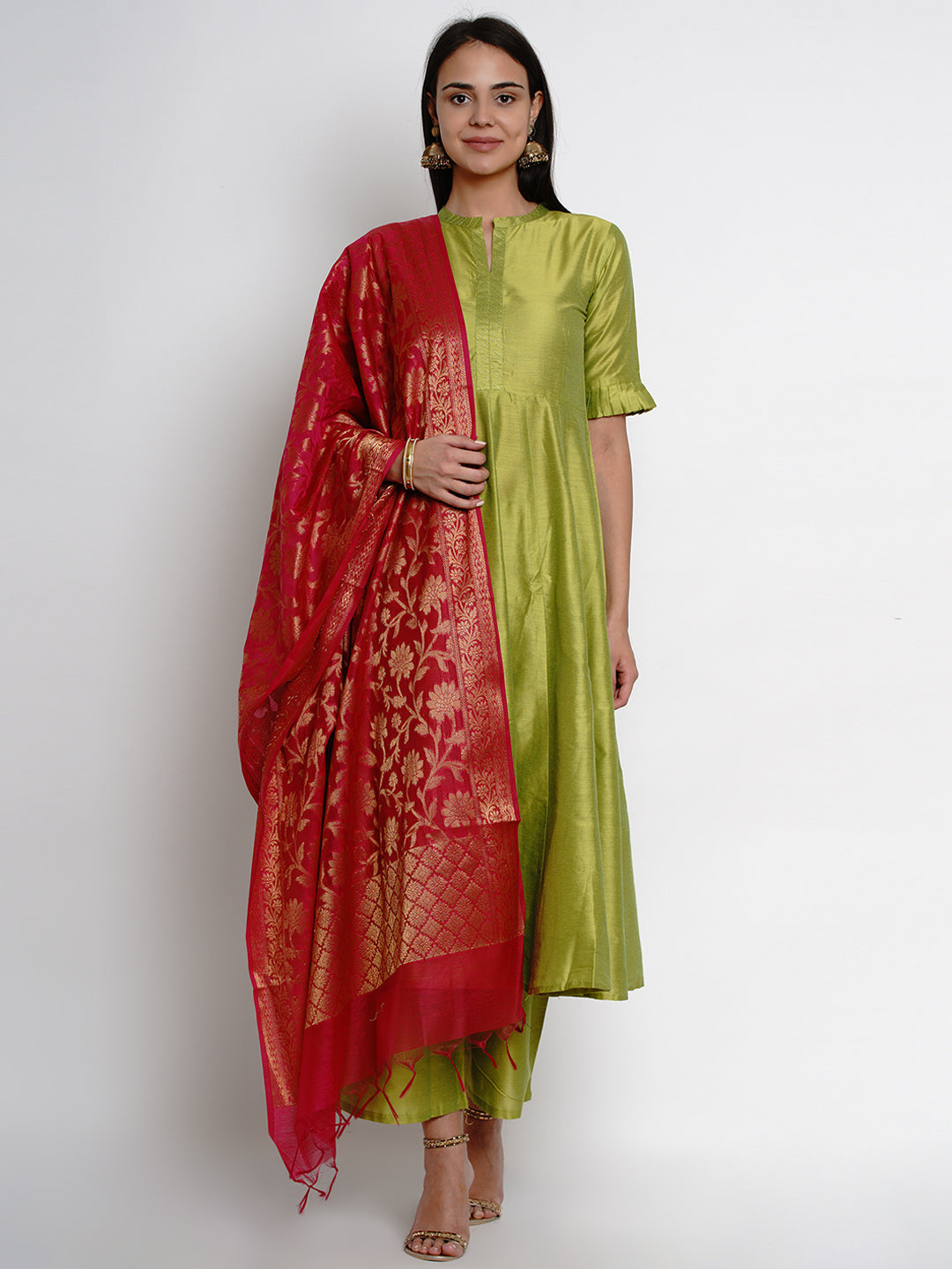 Bhama Couture Lime Green Solid Kurta With Trousers & Dupatta.