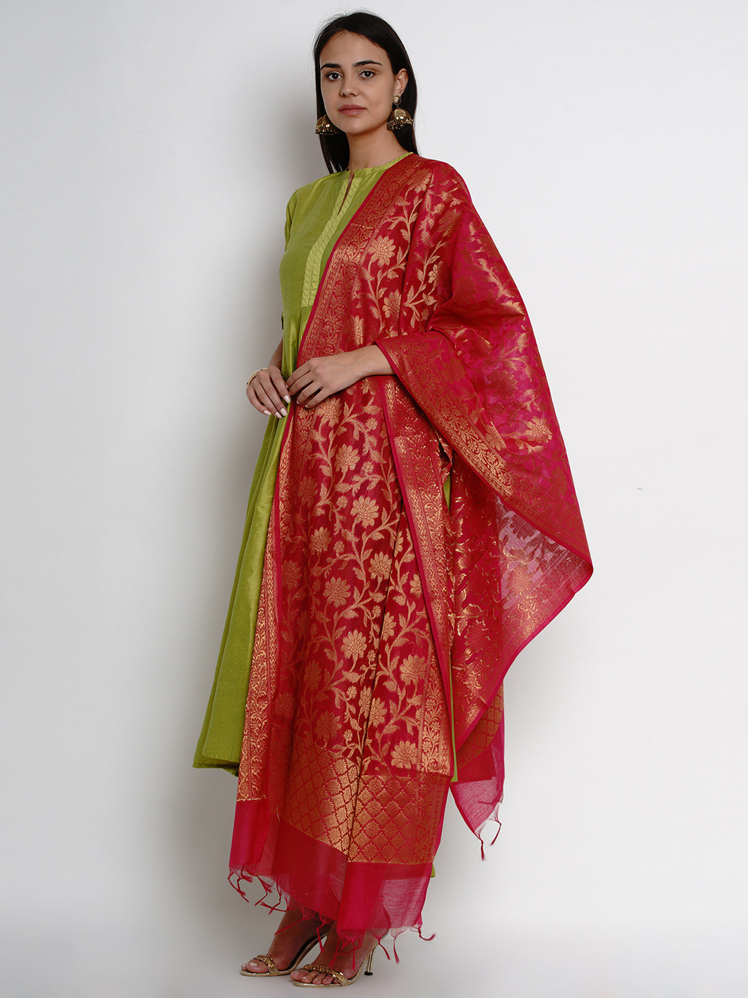 Bhama Couture Lime Green Solid Kurta With Trousers & Dupatta.
