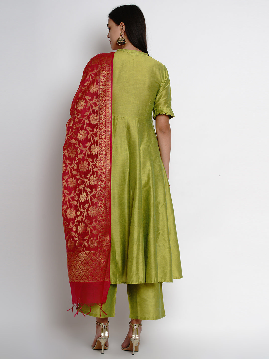 Bhama Couture Lime Green Solid Kurta With Trousers & Dupatta.