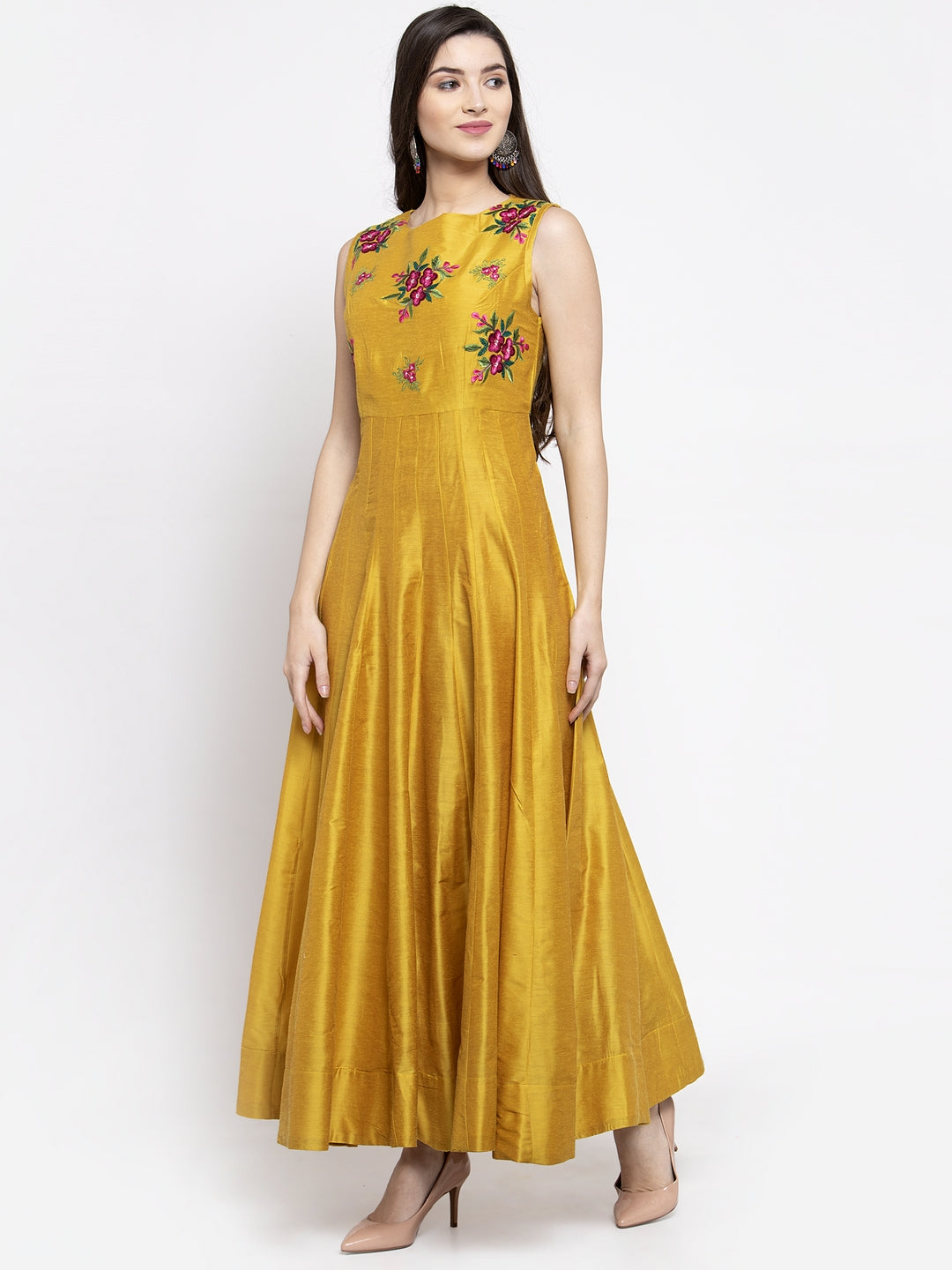 Mustrad Yellow Foral Ethnic Maxi Dress