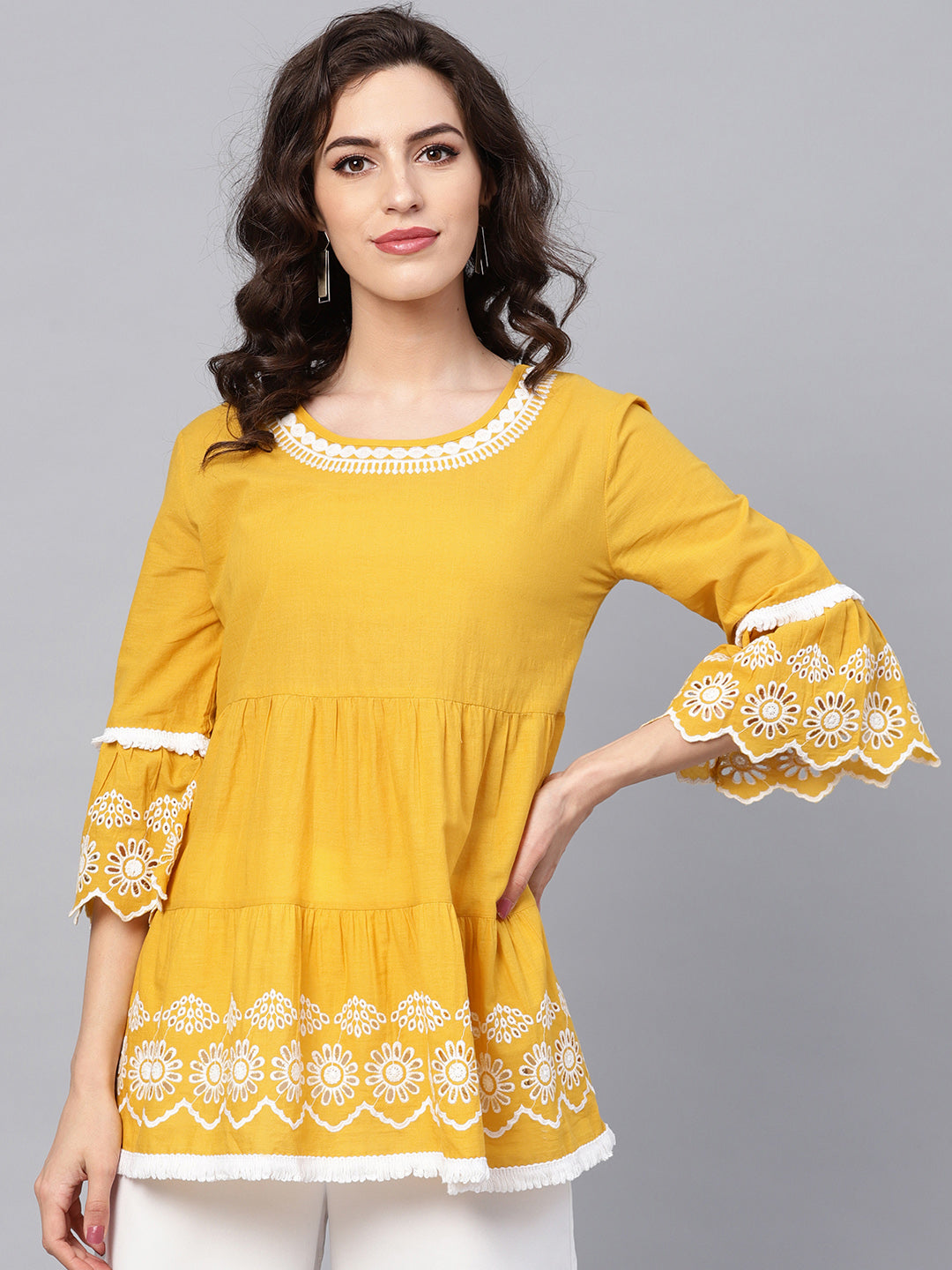Bhama Couture Mustard Yellow & White Embroidered Cotton Top