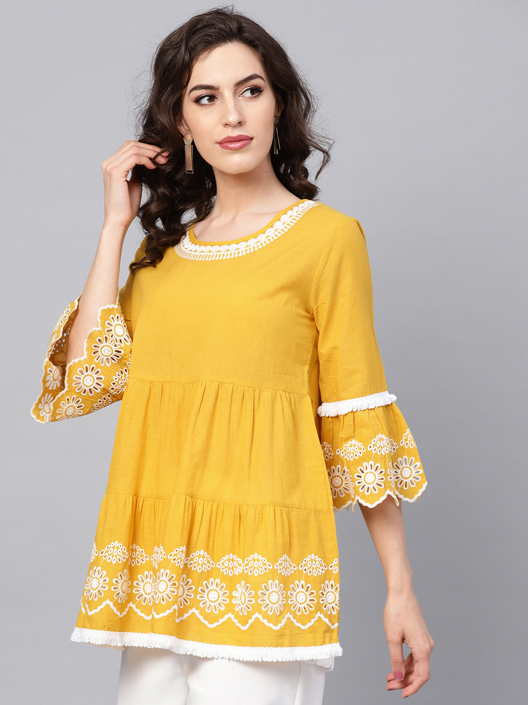 Bhama Couture Mustard Yellow & White Embroidered Cotton Top