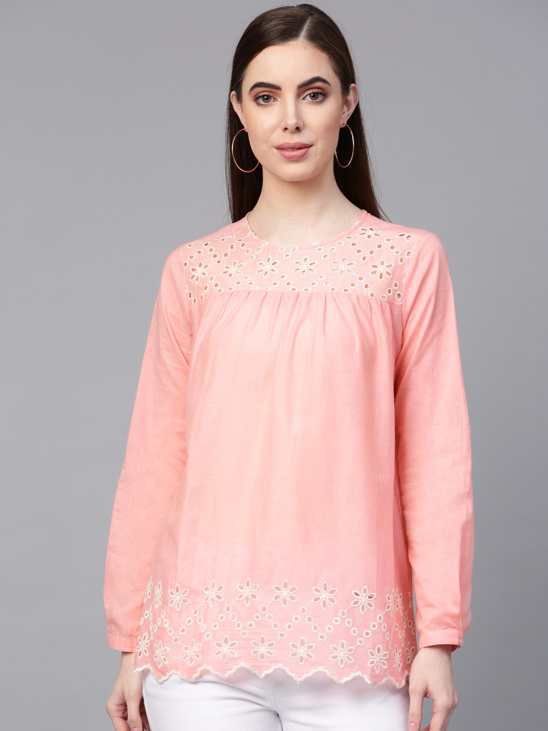 Bhama Couture Women Pink Embroidered Detail Pure Cotton Top