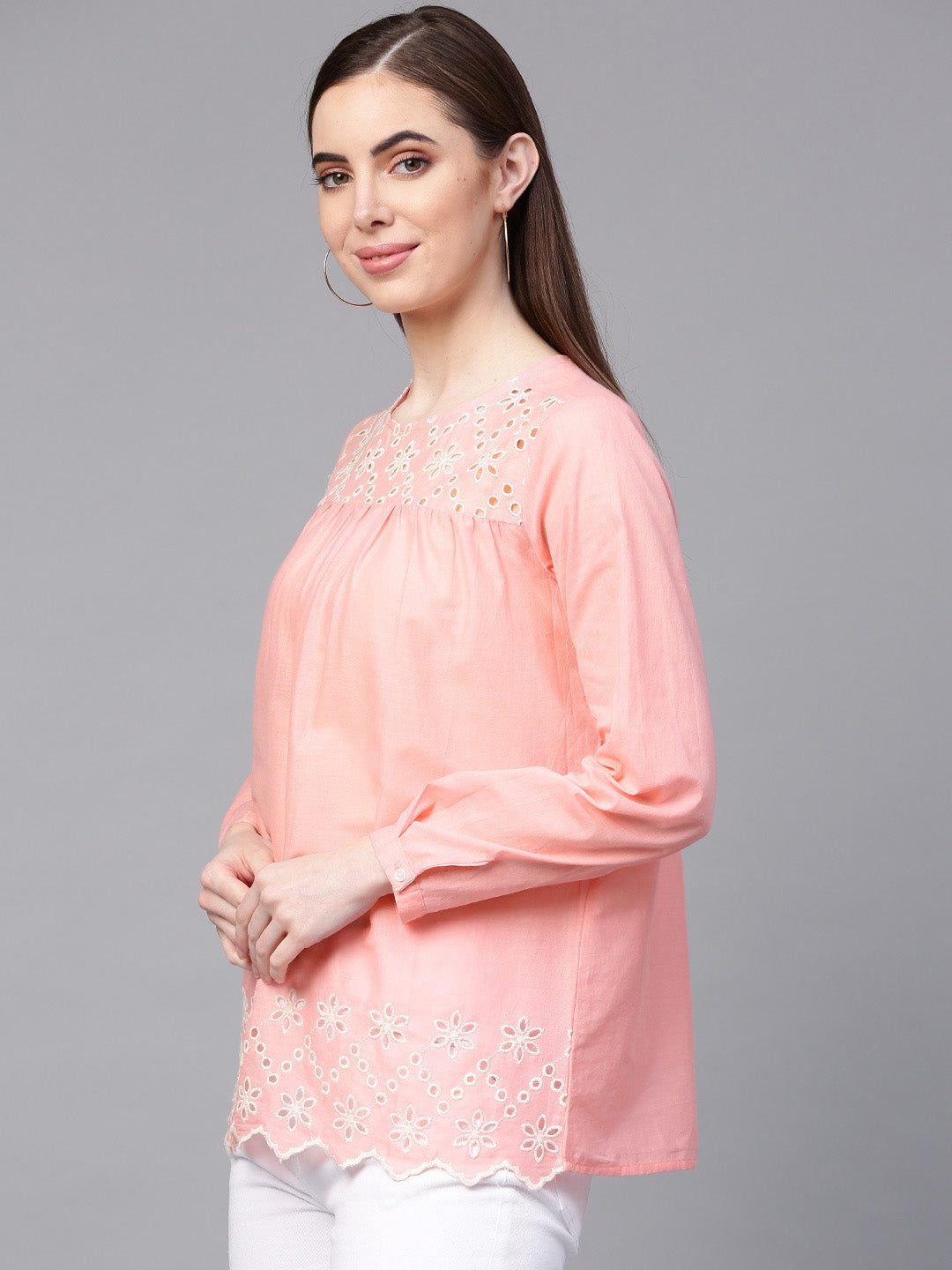 Bhama Couture Women Pink Embroidered Detail Pure Cotton Top