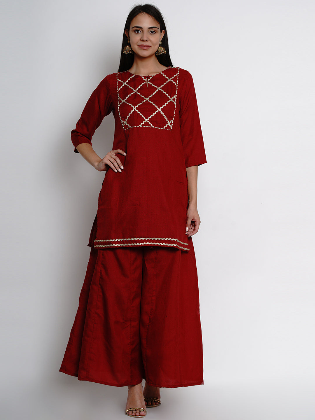 Bhama Couture Women Maroon & Gold-Coloured Yoke Design Kurta with Palazzos