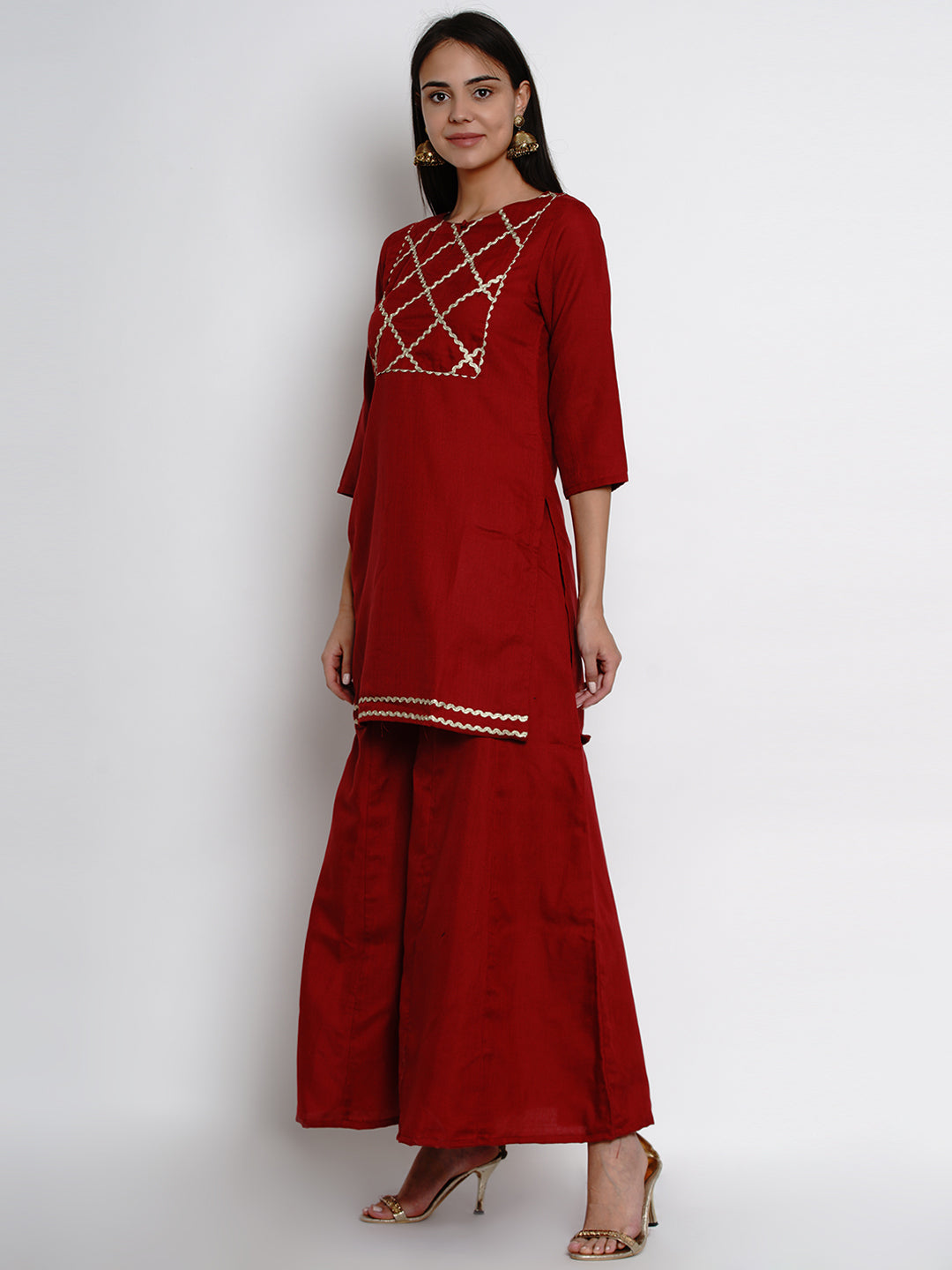 Bhama Couture Women Maroon & Gold-Coloured Yoke Design Kurta with Palazzos