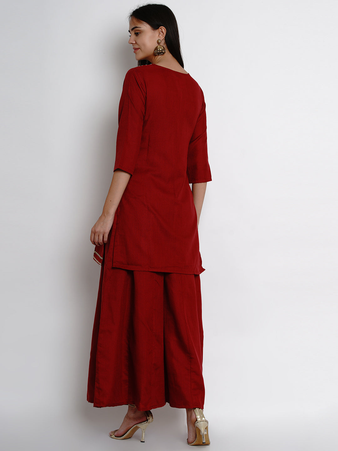 Bhama Couture Women Maroon & Gold-Coloured Yoke Design Kurta with Palazzos