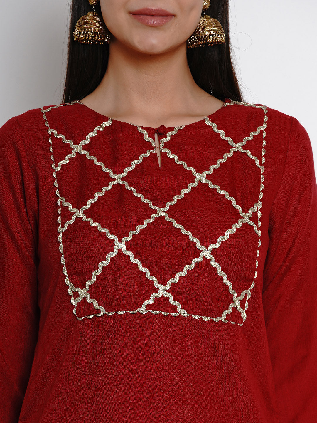 Bhama Couture Women Maroon & Gold-Coloured Yoke Design Kurta with Palazzos