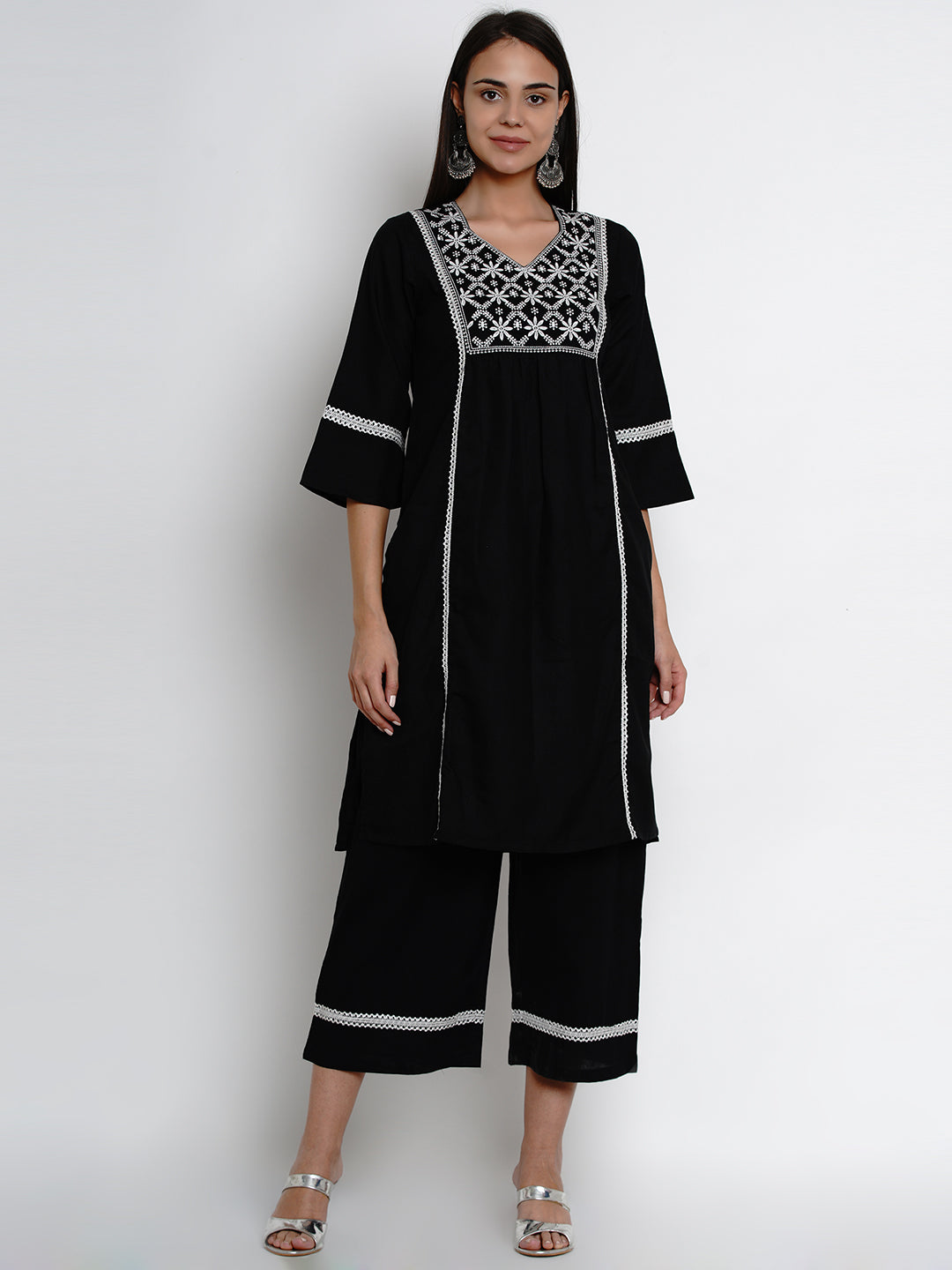 Black Embroidered Kurta With Palazzos