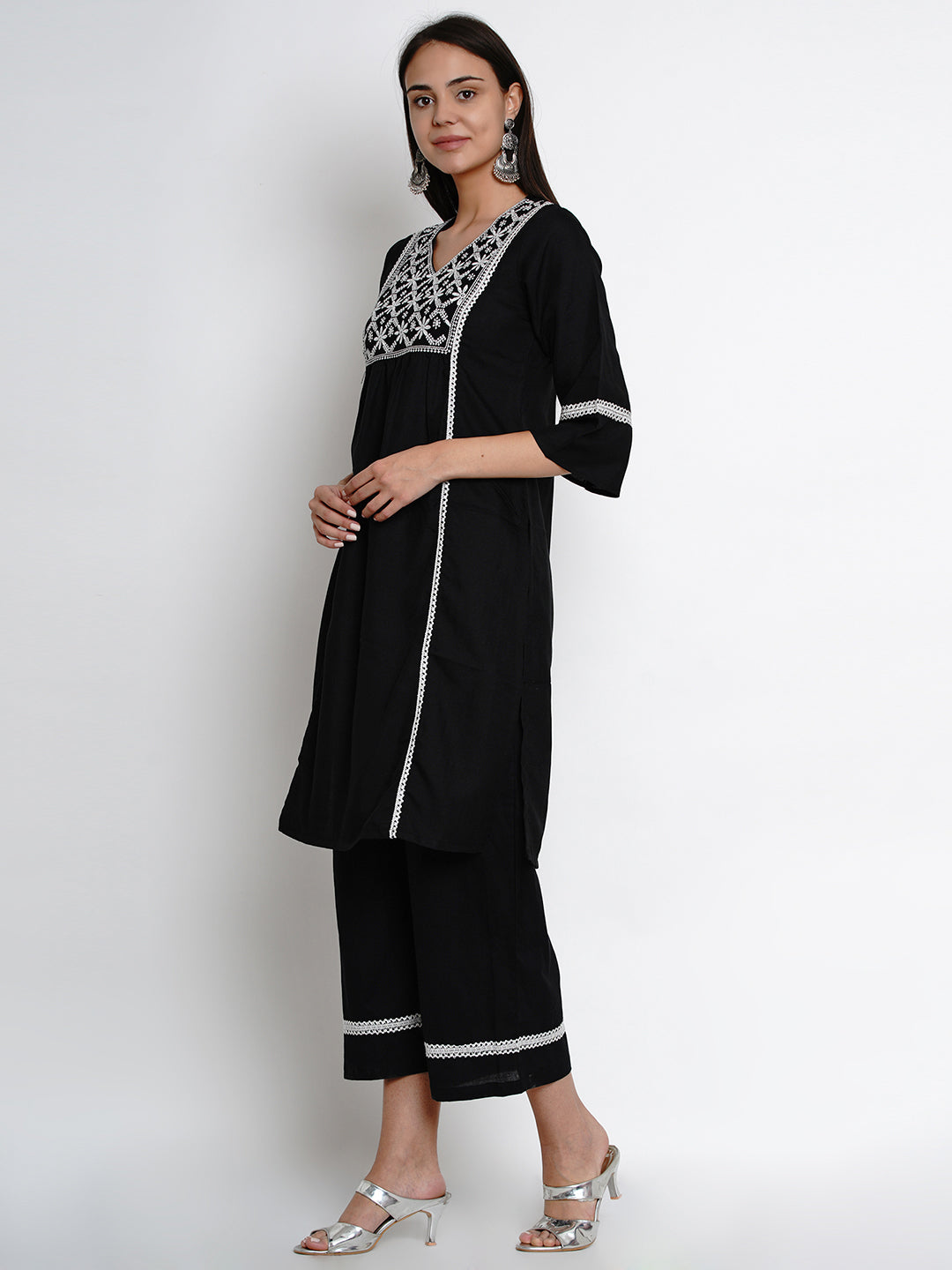 Black Embroidered Kurta With Palazzos