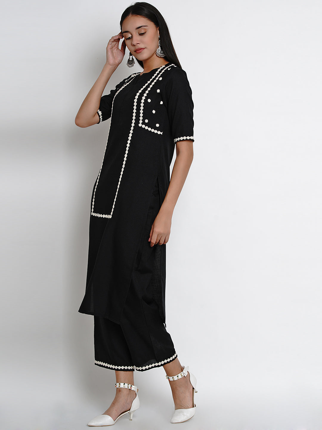 Black And White Embroidered Kurta With Palazzos