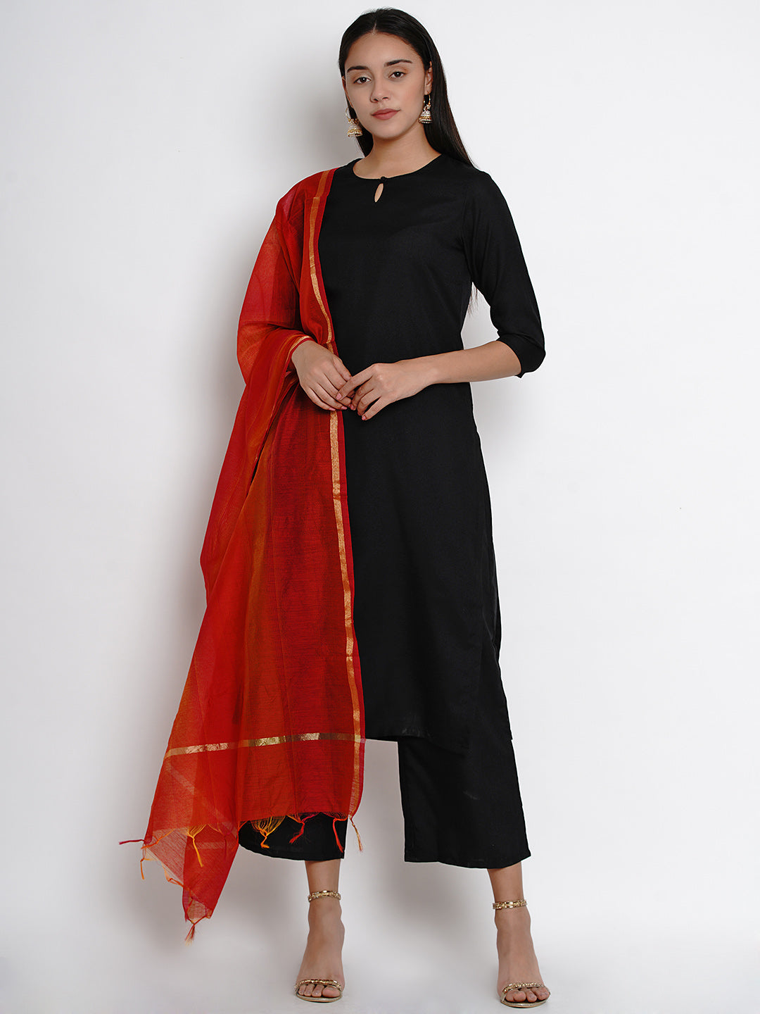 Black and red solid kurta with palazzos and dupatta