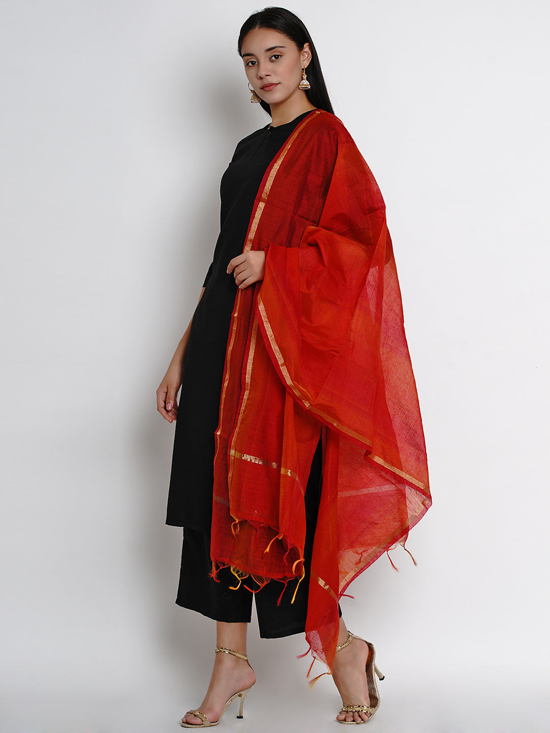 Black and red solid kurta with palazzos and dupatta