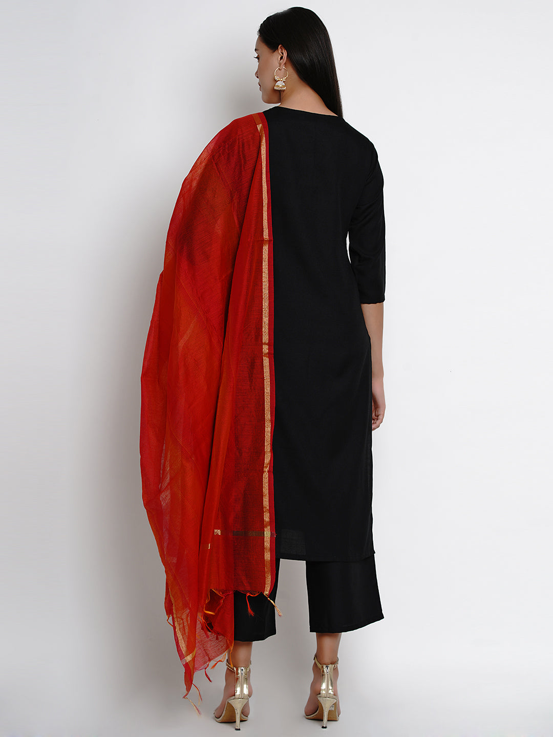 Black and red solid kurta with palazzos and dupatta