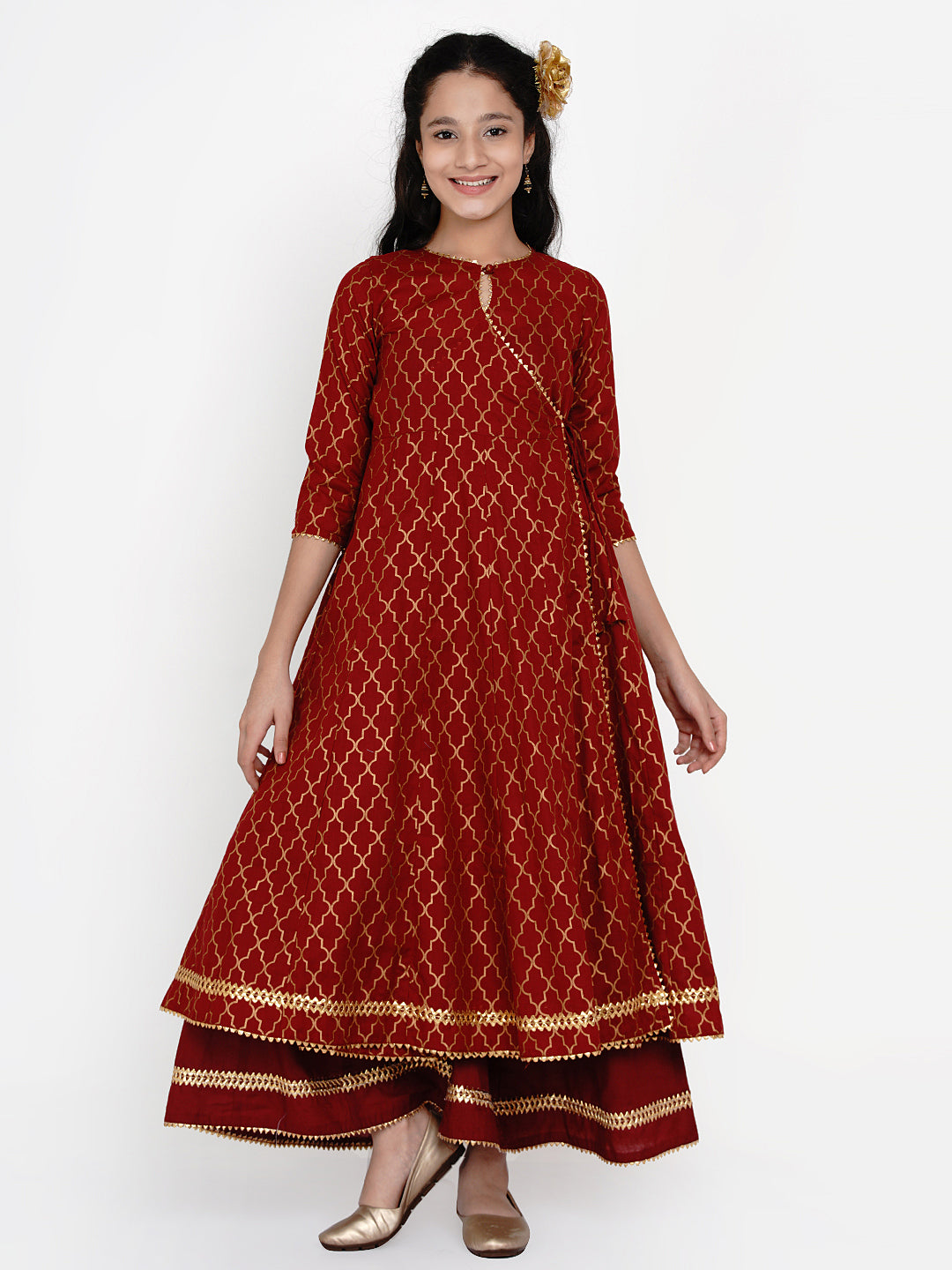 Bitiya By Bhama Girls Maroon & Gold Ethnic Motifs Printed Anarkali Kurta With Palazzos