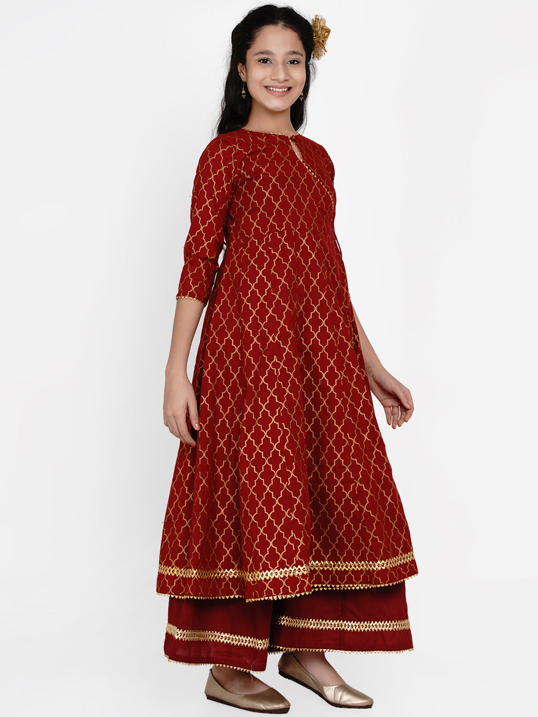 Bitiya By Bhama Girls Maroon & Gold Ethnic Motifs Printed Anarkali Kurta With Palazzos