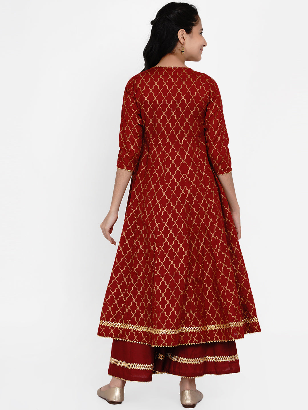 Bitiya By Bhama Girls Maroon & Gold Ethnic Motifs Printed Anarkali Kurta With Palazzos