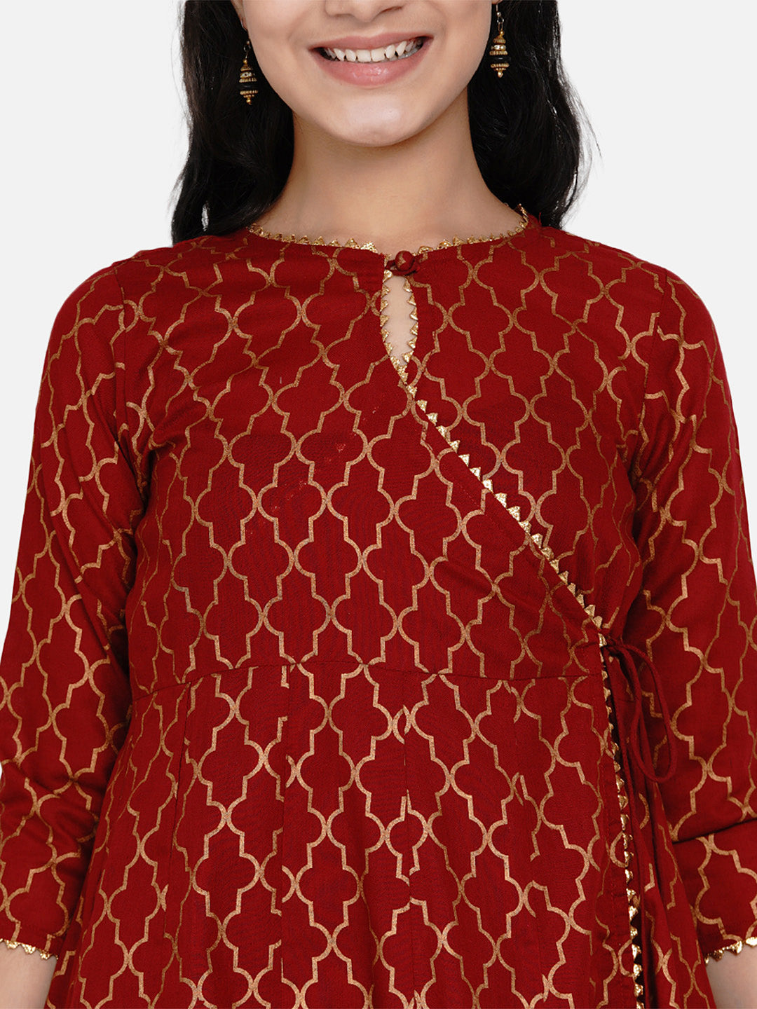 Bitiya By Bhama Girls Maroon & Gold Ethnic Motifs Printed Anarkali Kurta With Palazzos