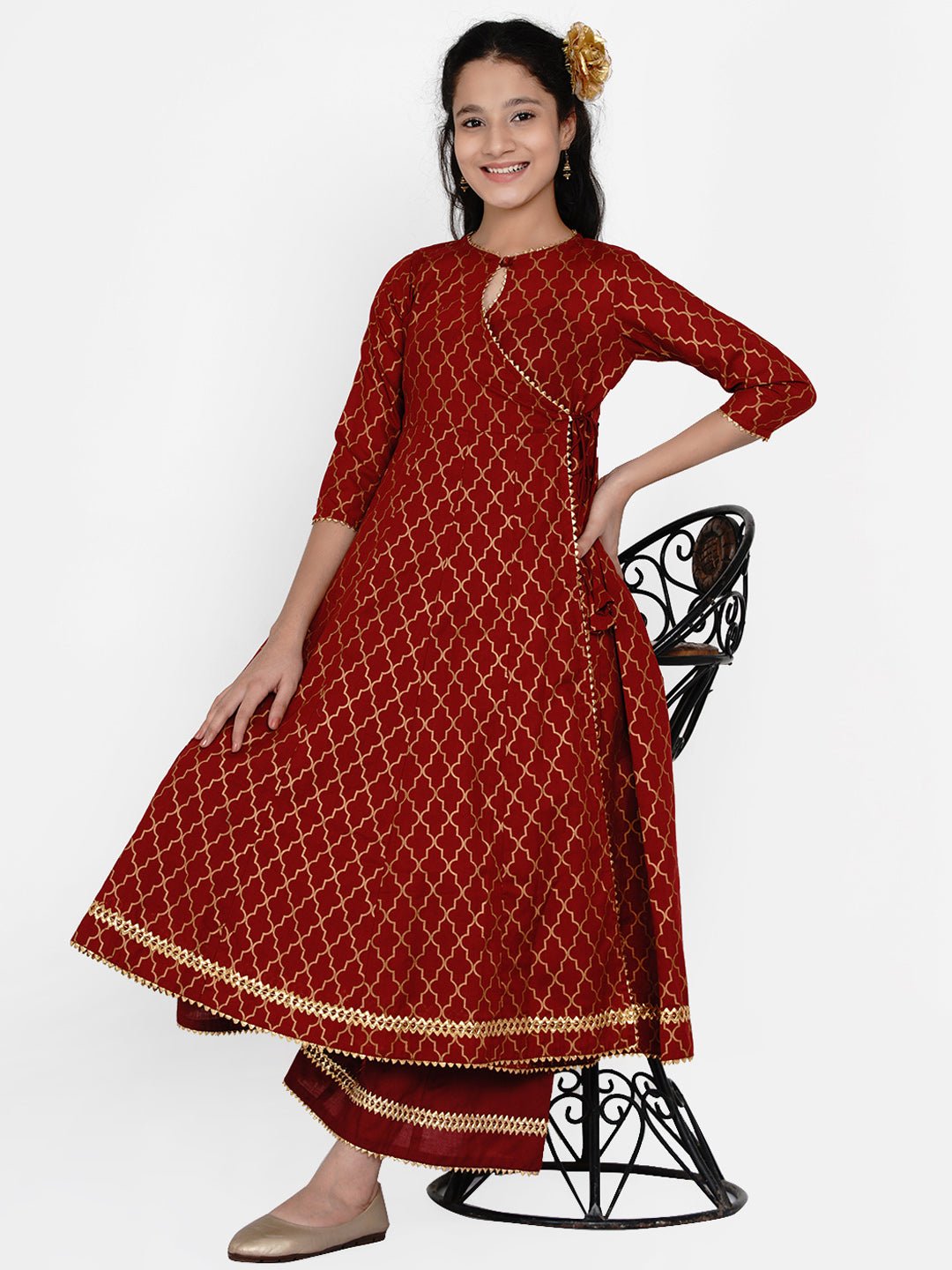 Bitiya By Bhama Girls Maroon & Gold Ethnic Motifs Printed Anarkali Kurta With Palazzos