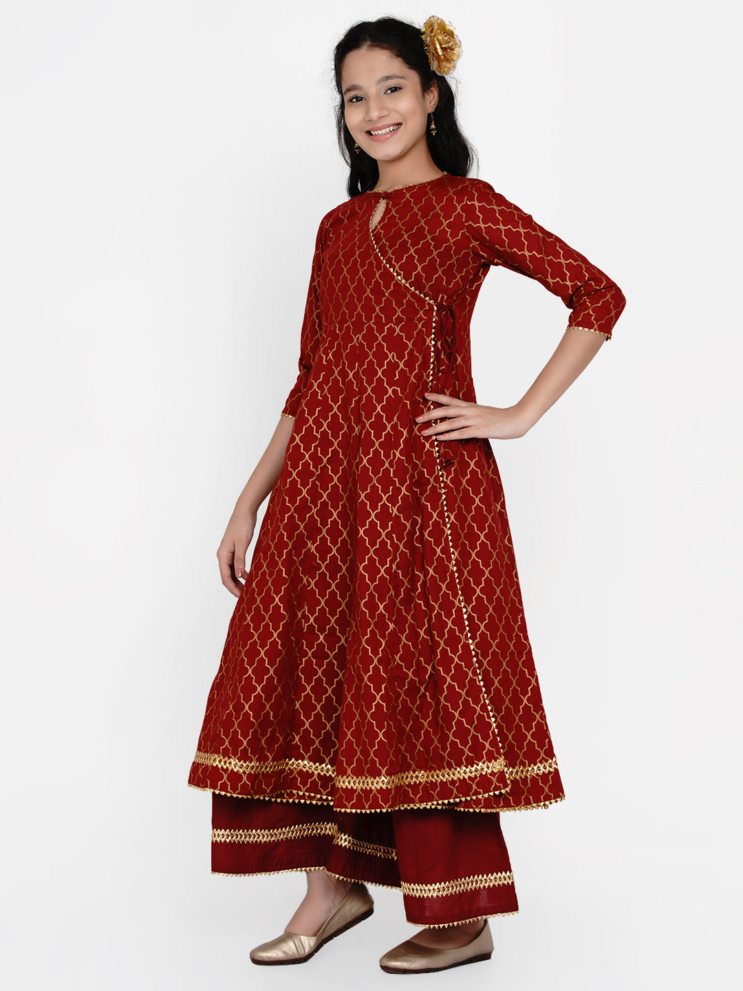 Bitiya By Bhama Girls Maroon & Gold Ethnic Motifs Printed Anarkali Kurta With Palazzos