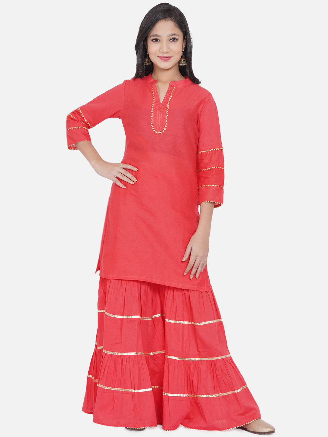 Bitiya By Bhama Girls Pink Gotta Patti Kurti With Sharara