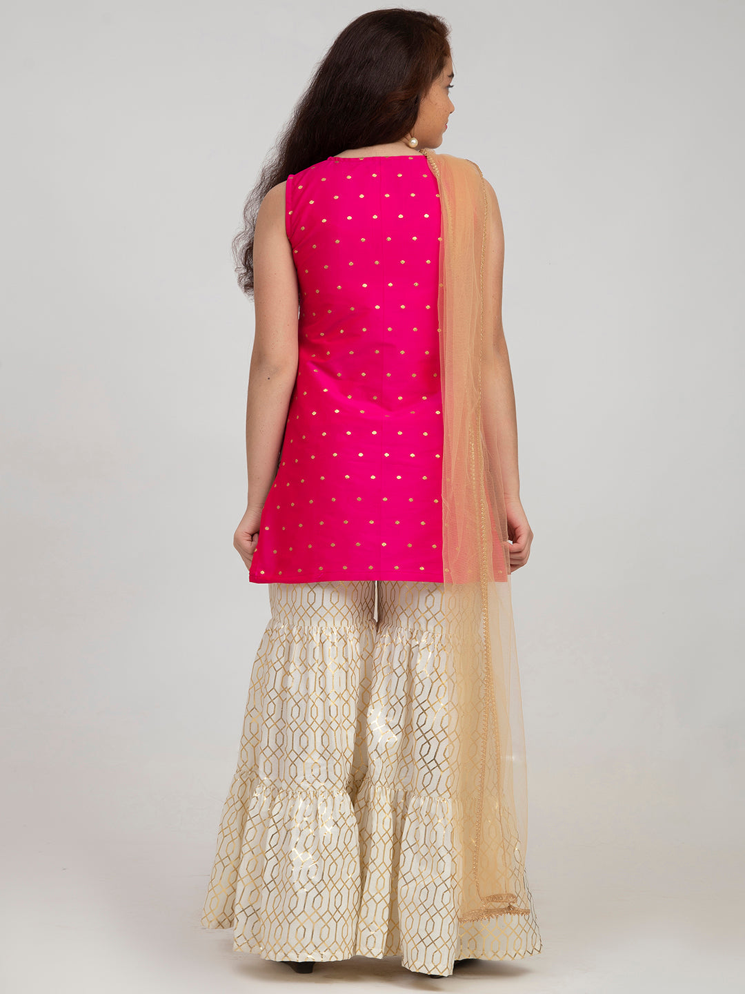 Bitiya By Bhama Girls Pink And White Printed Kurta And Sharara With Dupatta