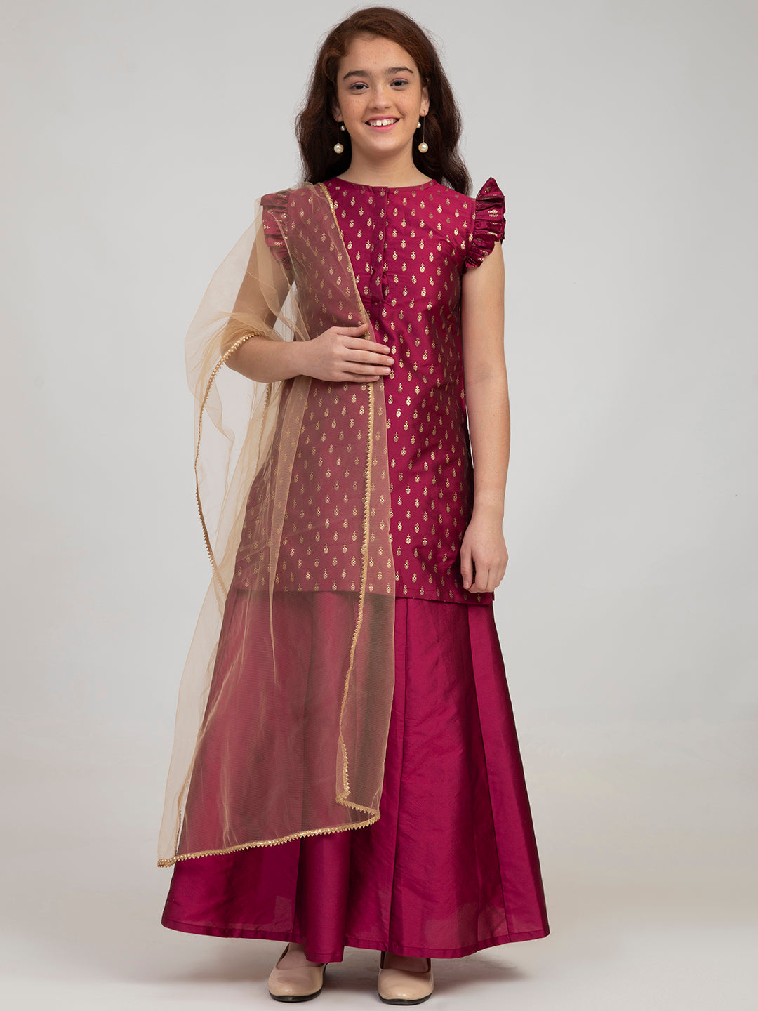 Bitiya By Bhama Girls Burnguday Printed Kurta With Palazzos And Dupatta