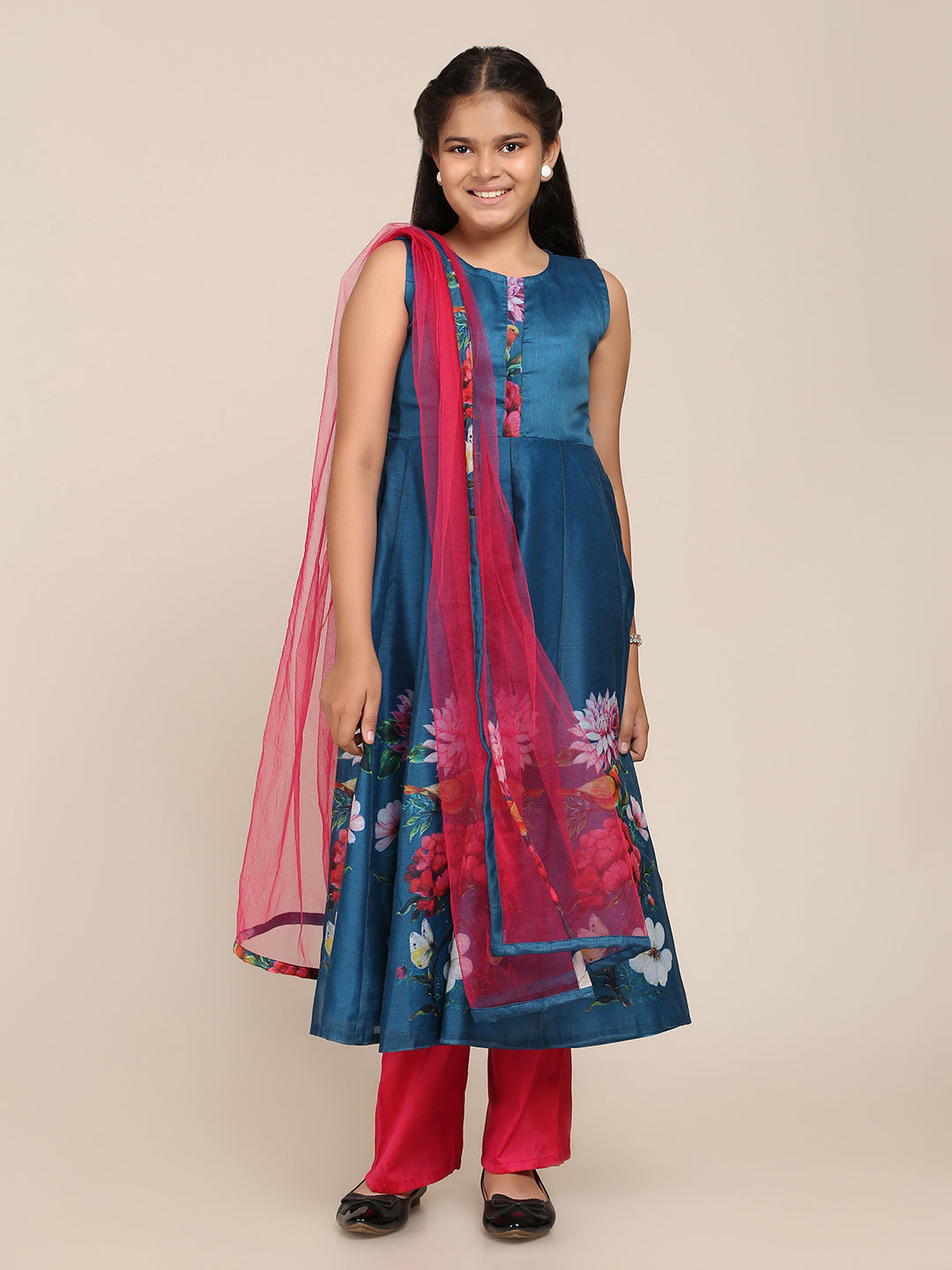 Bitiya By Bhama Blue Digital Print Anarkali With Pant With Dupatta