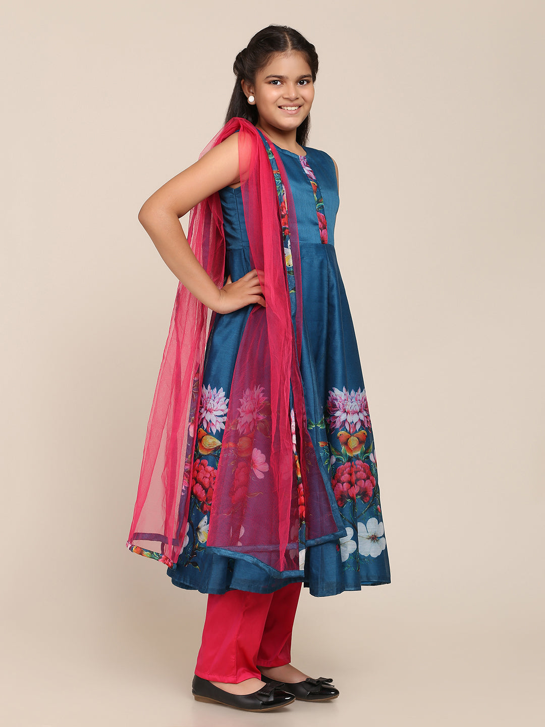 Bitiya By Bhama Blue Digital Print Anarkali With Pant With Dupatta