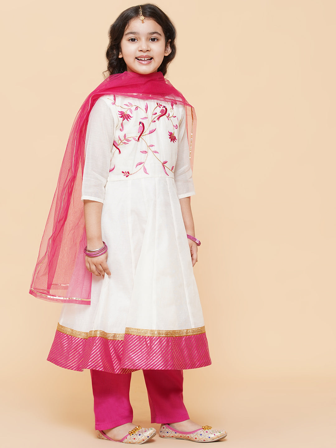 Bitiya By Bhama Girls White Embroidered Anarkali Kurta With Trouser & With Dupatta