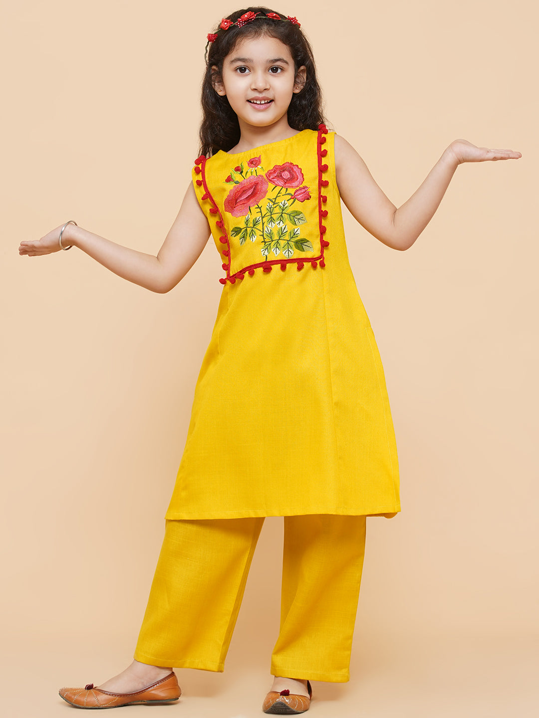 Bitiya By Bhama Girls Mustard Yellow Floral Embroidered Kurta With Palazzo