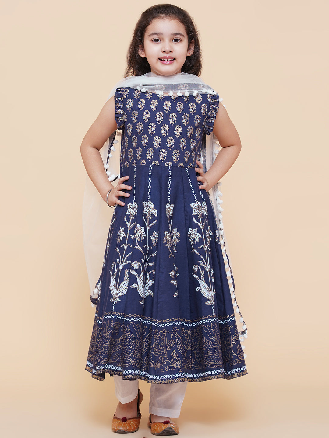 Bitiya By Bhama Girls Blue Foil Printed Kurta With Trouser & With Duppta