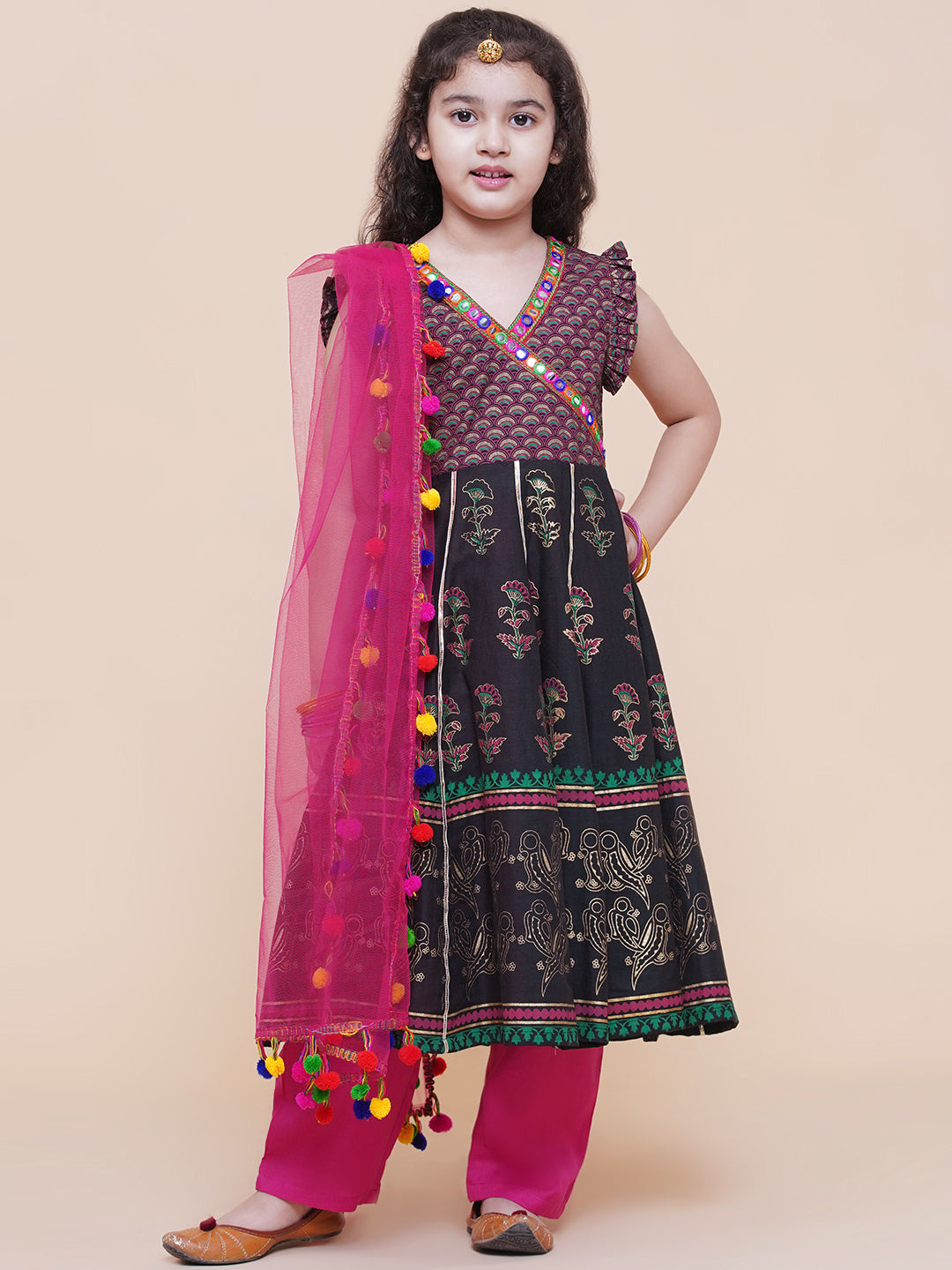 Bitiya By Bhama Girls Black Foil Printed Kurta With Trouser & With Duppta