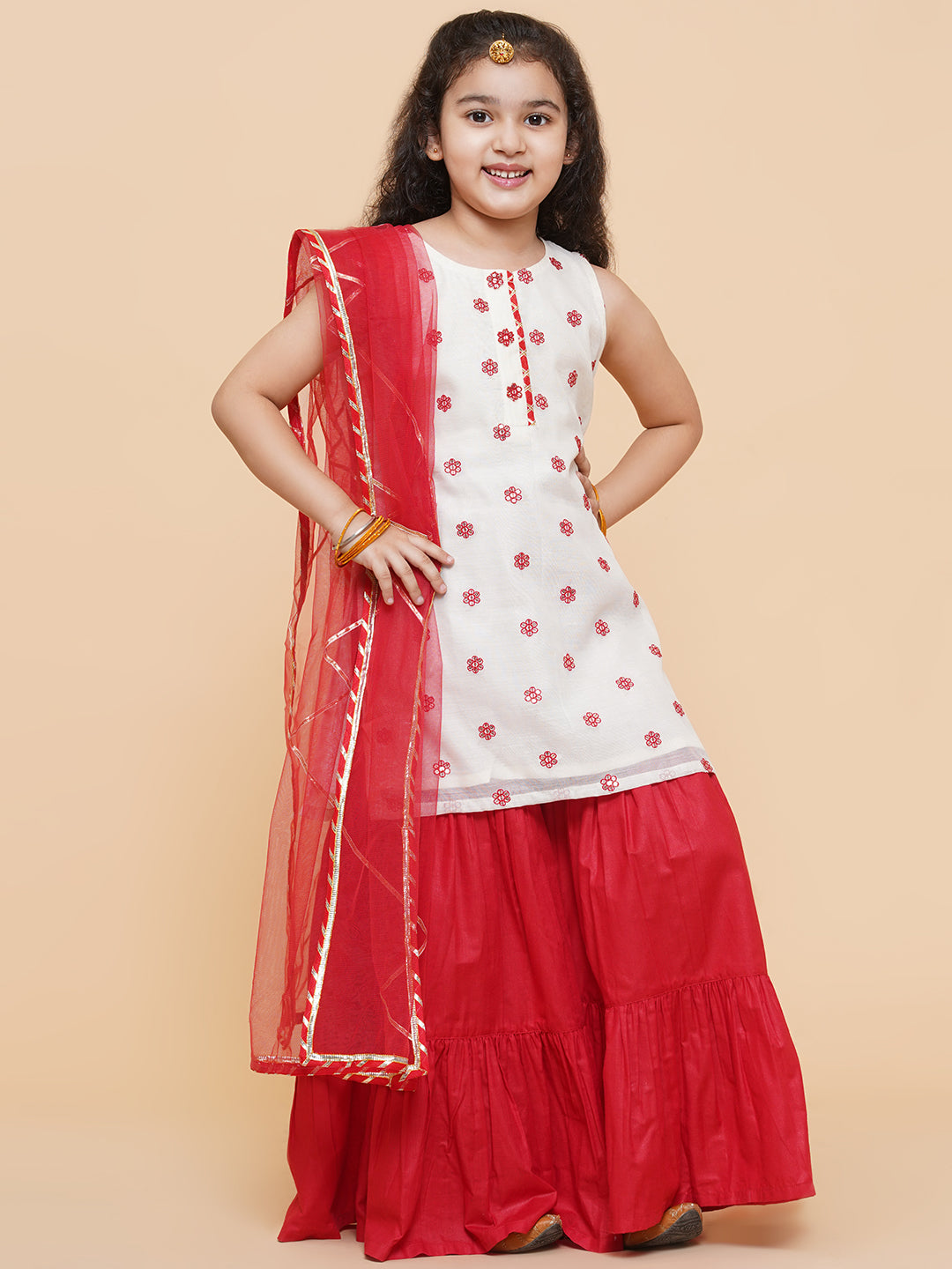 Bitiya By Bhama Girls Off White Embroidered Kurta With Sharara With Dupatta
