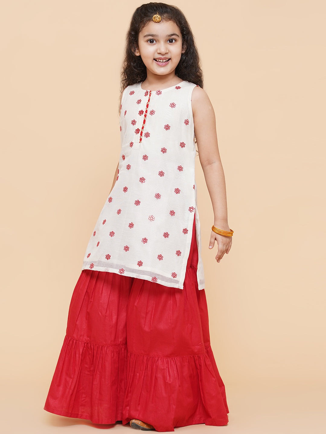 Bitiya By Bhama Girls Off White Embroidered Kurta With Sharara With Dupatta