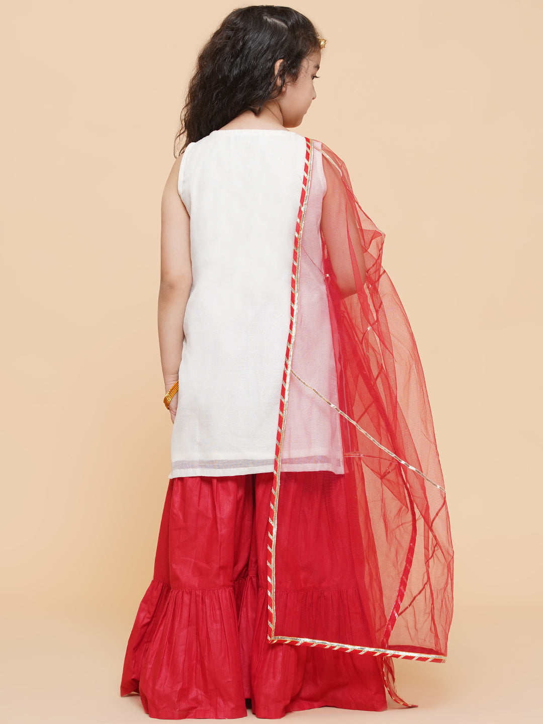 Bitiya By Bhama Girls Off White Embroidered Kurta With Sharara With Dupatta