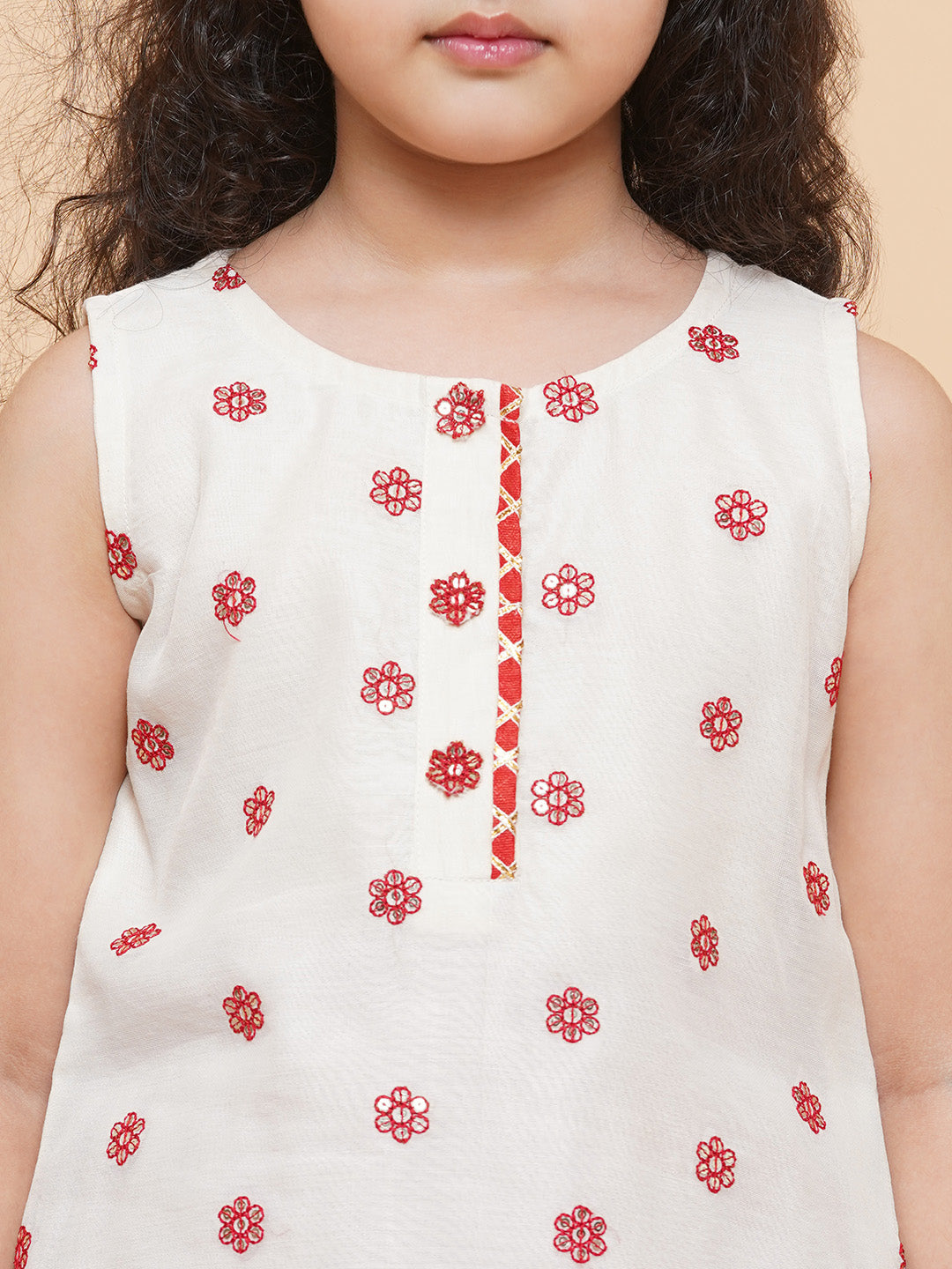 Bitiya By Bhama Girls Off White Embroidered Kurta With Sharara With Dupatta
