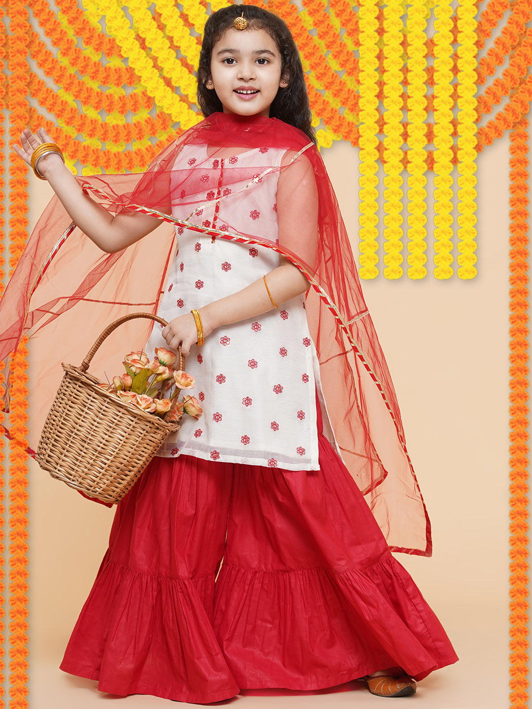 Bitiya By Bhama Girls Off White Embroidered Kurta With Sharara With Dupatta