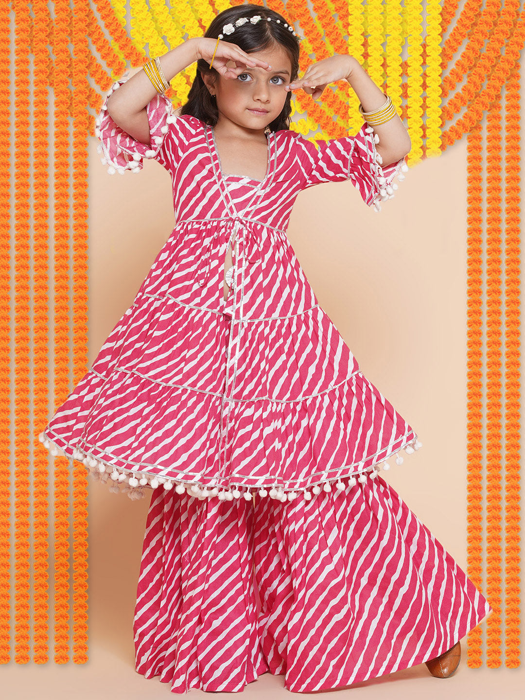 Bitiya By Bhama Girls Pink Leheriya Printed With Gotta Patti Lace Kurta With Sharara