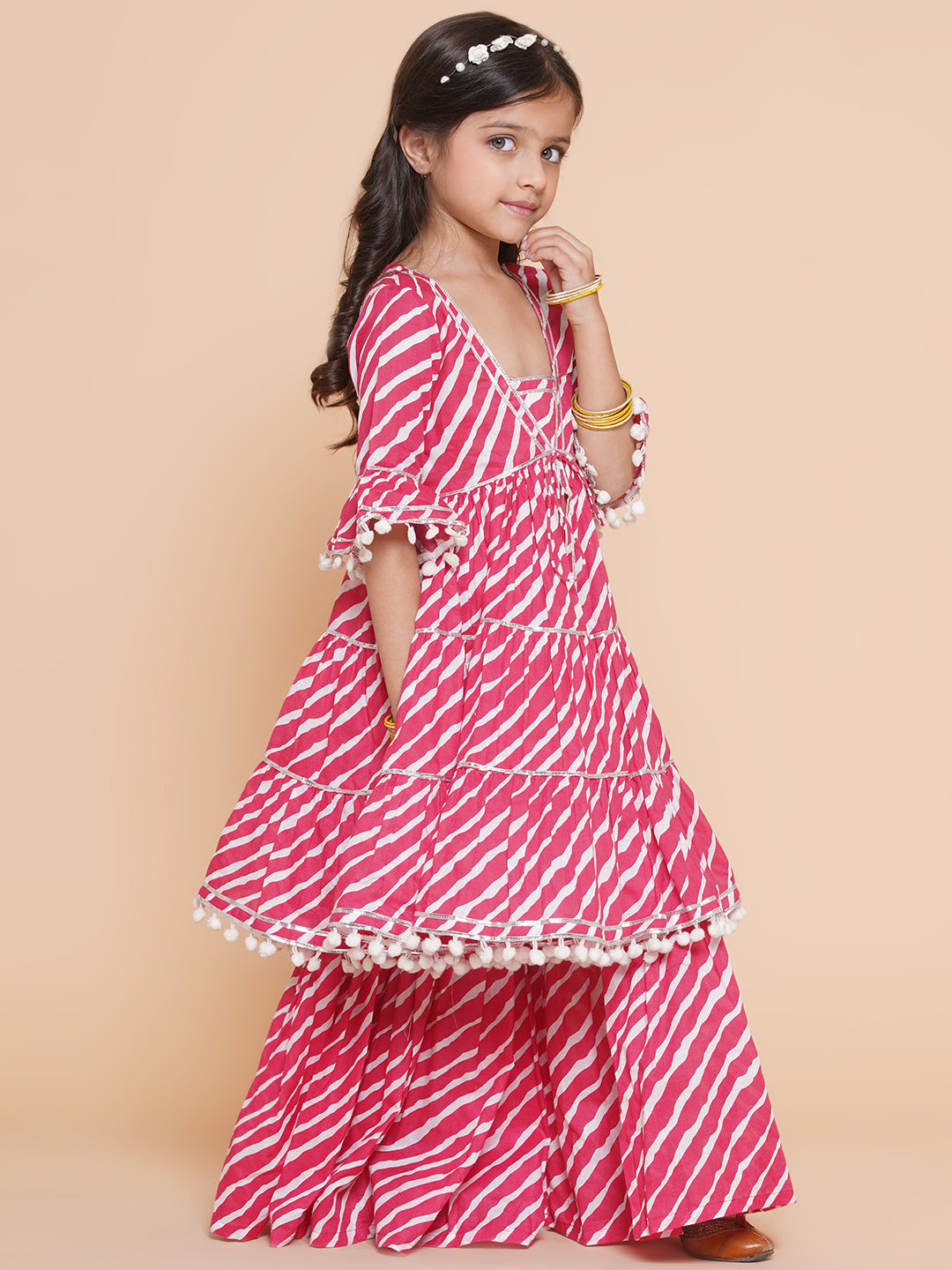 Bitiya By Bhama Girls Pink Leheriya Printed With Gotta Patti Lace Kurta With Sharara