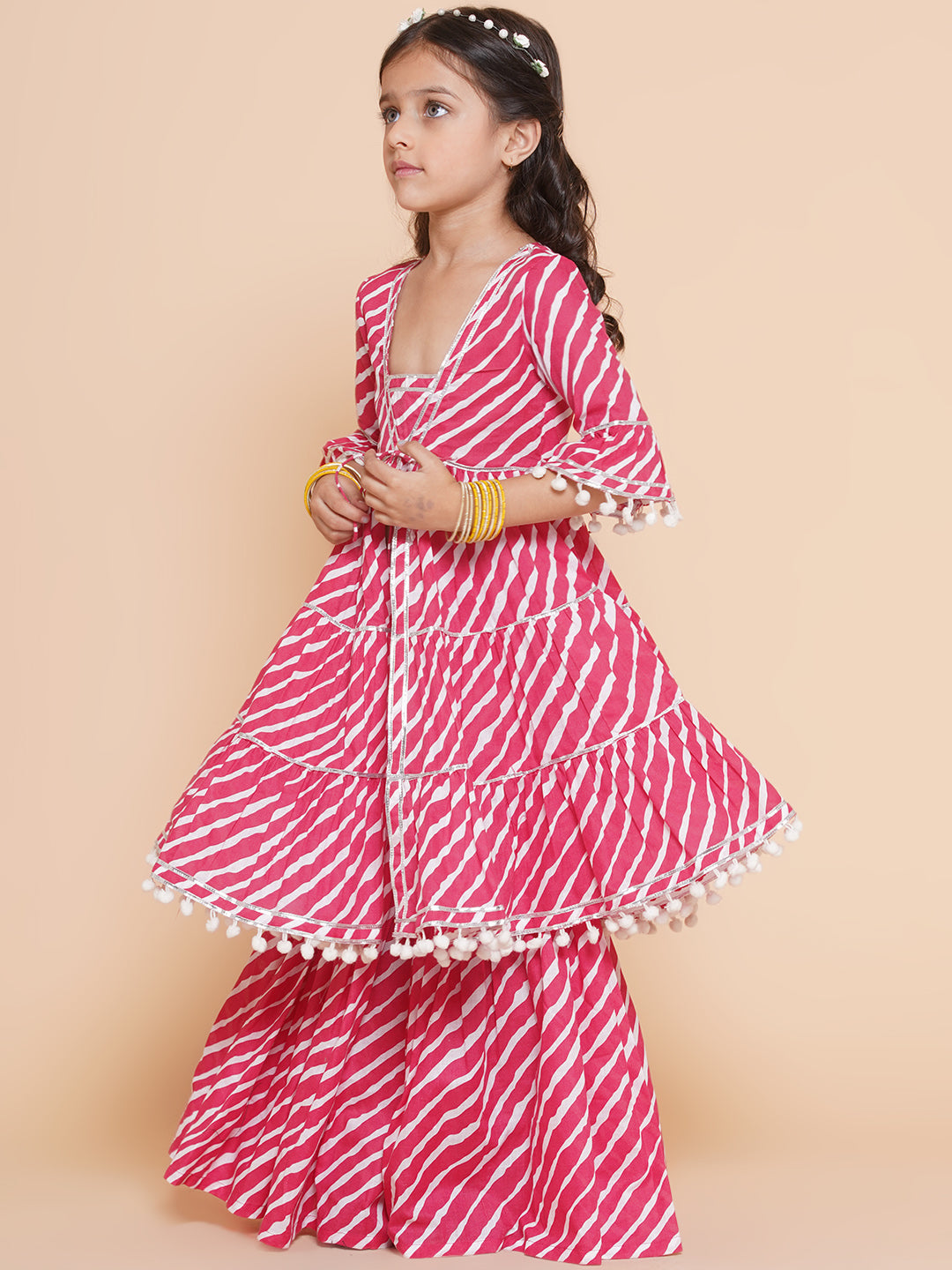 Bitiya By Bhama Girls Pink Leheriya Printed With Gotta Patti Lace Kurta With Sharara